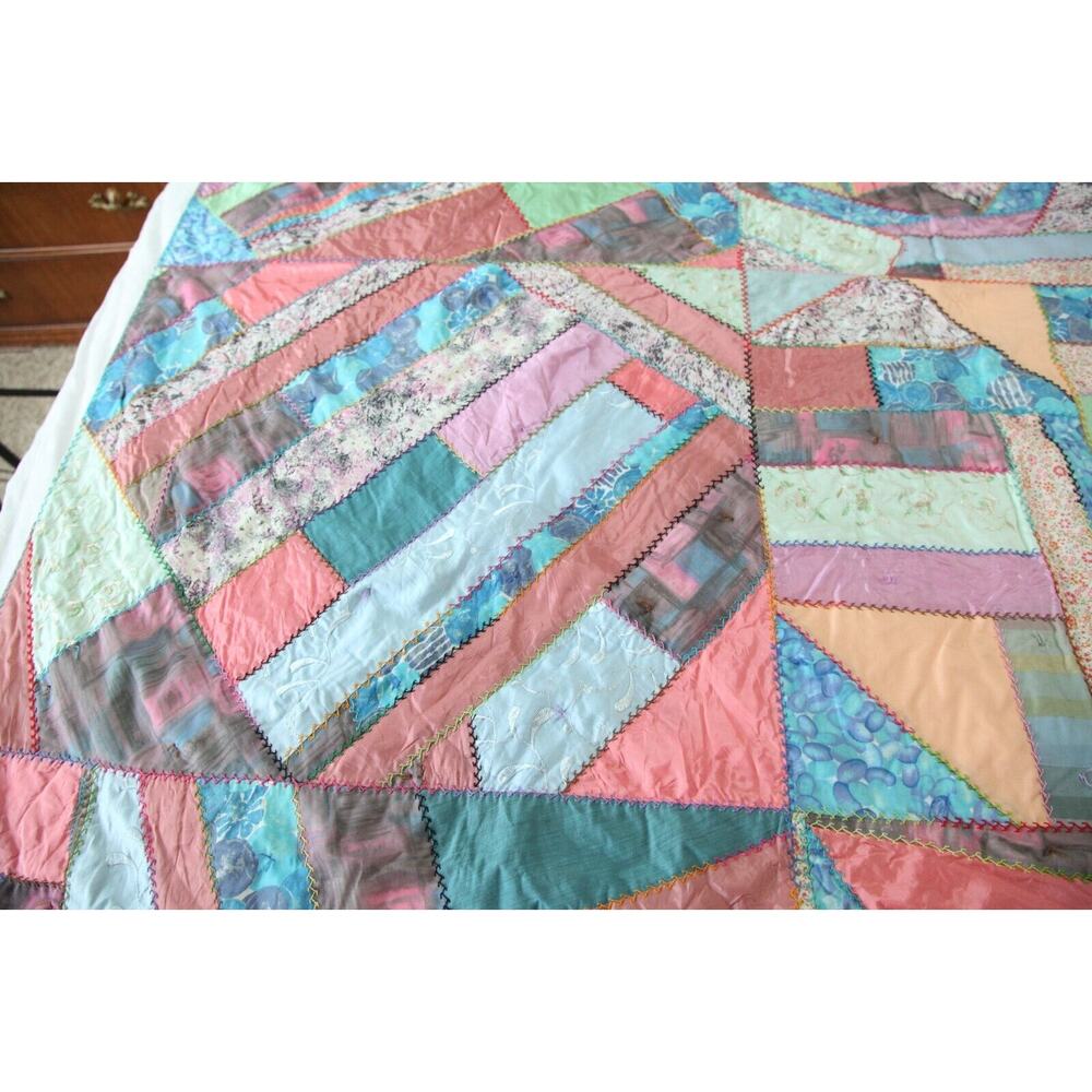 Vintage Crazy Quilt 86" x 69 Heavily Embroidered Pastel Colors Old Hand Tied - Picture 3 of 16